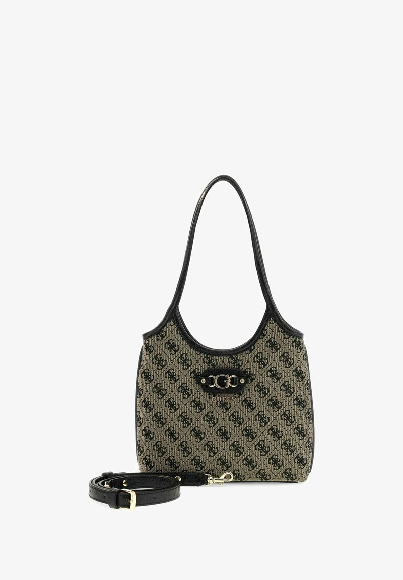 Sac à épaule beige et noir à motifs avec plaque de logo double-G noire et une bandoulière noire amovible supplémentaire.