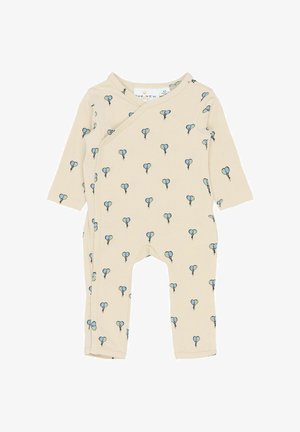 Combinaison pour bébé beige à manches longues, ornée d'un imprimé de ballons bleus. Boutons-pression sur le côté pour un habillage facile. Matière en coton doux.