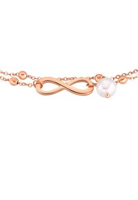 Bracciale in oro rosa con un link a simbolo dell'infinito, decorato con una perla bianca e piccole perline rotonde lungo un delicato design a catena.