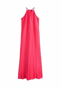 Hosszú, halter nyakú ruha élénk rózsaszínben. Sima, folyékony anyag, bő szabással és kulcslyuk részlettel a hátulján. Egyszerű és elegáns kialakítás.
