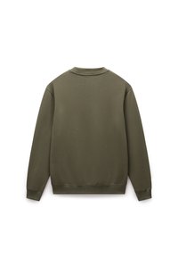 Olijfgroene sweatshirt met lange mouwen, geribbelde manchetten en tailleband. Gemaakt van gladde stof met een ronde hals en achterkant weergegeven.