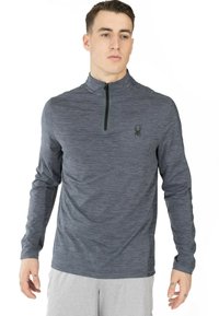 Lange mouwen sporttop van gemeleerd donkergrijs stof, met een kwart-rits hals, subtiel spinnenlogo op de borst en een gladde textuur.