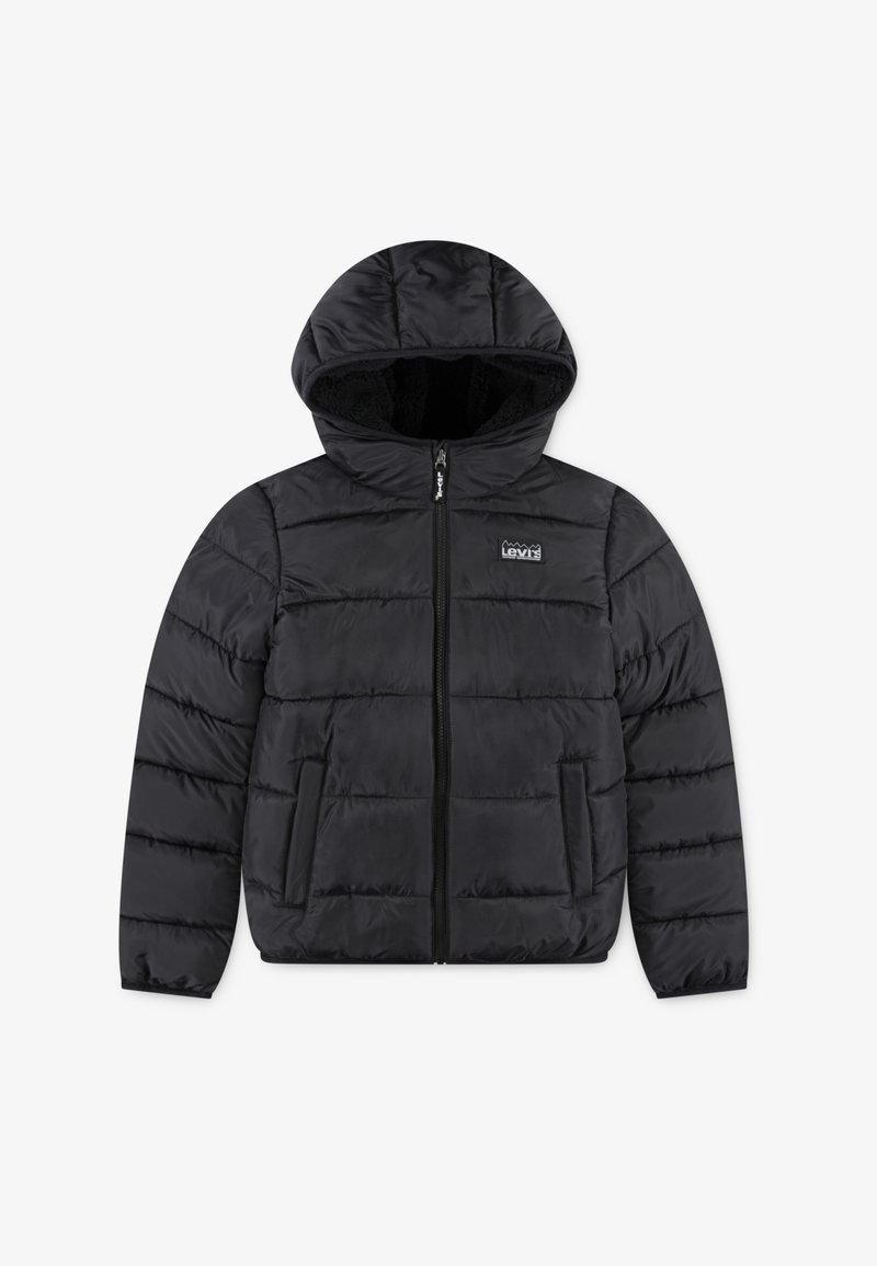 Svart pufferjakke med hette, med horisontalt quiltet mønster, elastiske mansjetter, en frontglidelås og to sidelommer.