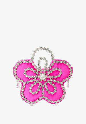 Rožinė satino gėlės formos rankinė, papuošta skaidriais rhinestones ir centrinio perlų akcentu, su ašarų formos detalėmis.