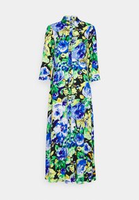 Blommig skjortklänning med trekvartsärmar. Har blåa, gröna och gula rosor på en svart bakgrund. Lättviktsmaterial.