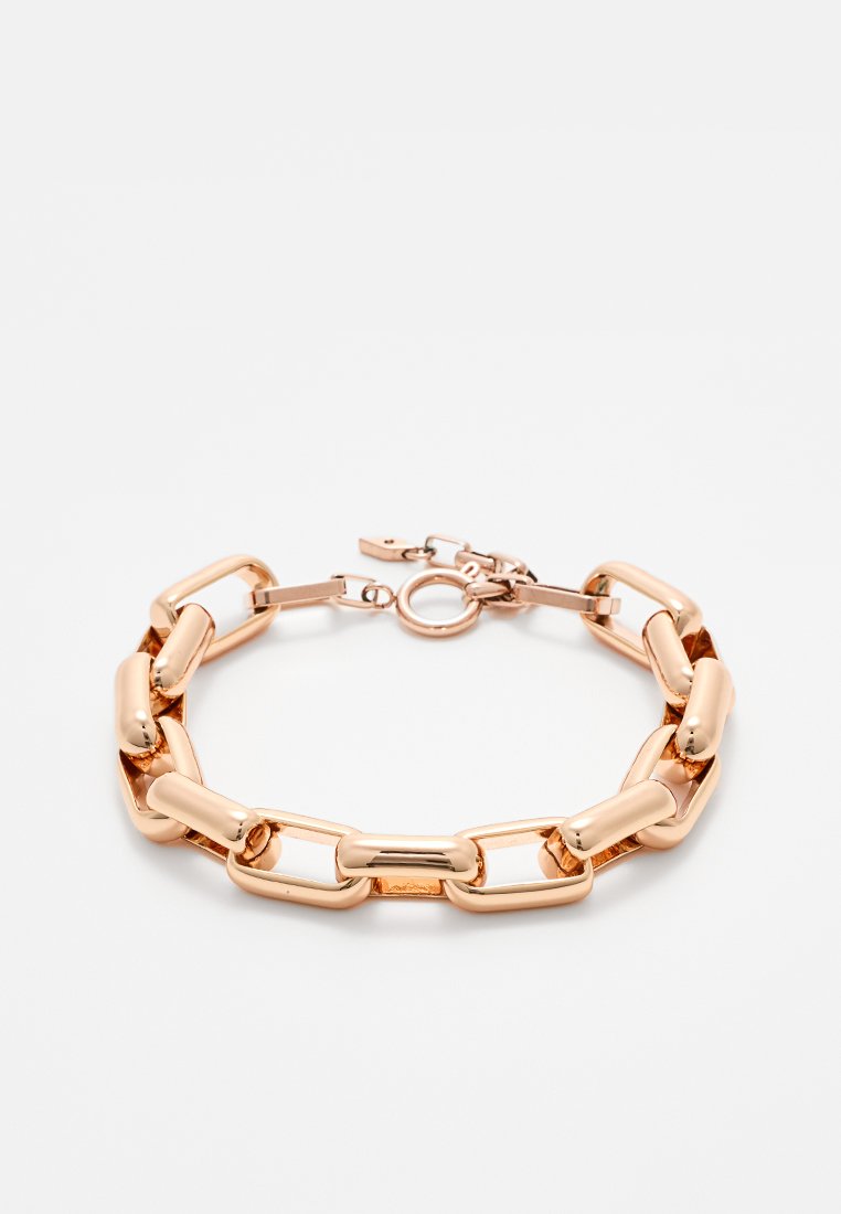 Armband aus roségoldener Kette mit verbundenen ovalen und rechteckigen Formen. Verfügt über einen Karabinerverschluss und eine polierte Oberfläche für ein glänzendes Finish.