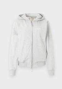 Svetlosivá mikina na zips s dlhými rukávmi, rebrovanými manžetami a lemom, prednými vreckami a malým bielym logom "ellesse" na hrudi.