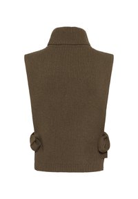 Brun strikket ærmeløs sweater med høj krave, der har ribbet tekstur og dekorative knude-ac Center. 