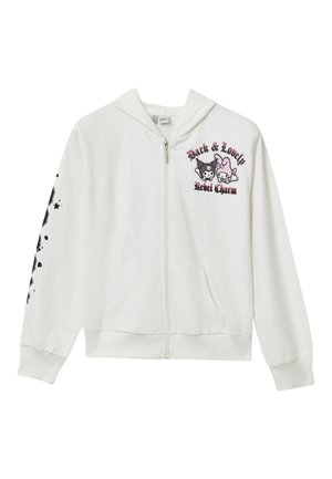 Felpa bianca con zip e cappuccio, tasche frontali, testo nero e stampa di personaggi dei cartoni animati sul petto, e design grafico nero sulla manica sinistra.