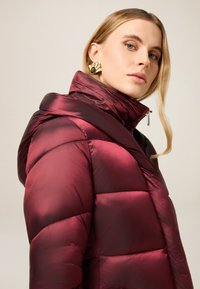 Burgundy dunjakke med høj krave, glat, skinnende stof, lynlås og quiltet design med fremhævet polstring og elegante linjer.