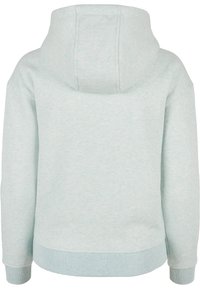 Világoskék kapucnis pulóver kényelmes szabással, bordázott mandzsettákkal és szegéllyel. Texturált anyag, finom melang mintával. Hátsó nézet látható.