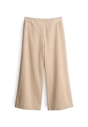 Pantaloni cropped beige a gamba larga realizzati in un tessuto a coste testurizzato e dotati di una vita elastica, esposti su uno sfondo bianco.