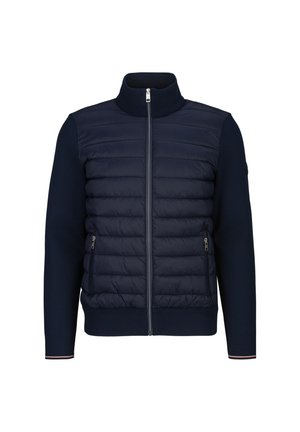 Marineblaue Jacke mit gesteppter, gepolsterter Vorderseite, durchgehendem Reißverschluss, geripptem Kragen, Bündchen und Saum sowie Reißverschlusstaschen an den Seiten.