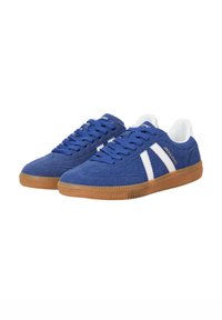 Blue suede sneakers with white stripes, textured fabric upper, padded tongue, and a gum rubber outsole. Classic lace-up design.