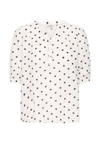 Blouse blanche à pois noirs, manches courtes bouffantes, encolure ronde avec une patte de boutonnage partielle.