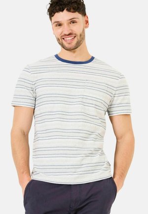 Light gray short-sleeve t-shirt featuring horizontal blue stripes, round blue neckline, and a left chest pocket.