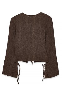 Top lungo marrone textured con design cropped. Presenta lacci in vita e maniche ampie con una leggera svasatura.