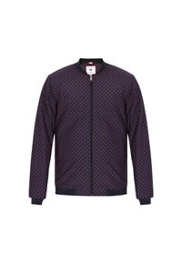 Giacca bomber blu navy con pois rossi, polsini e orlo a costine, chiusura con zip e fodera interna a fantasia.