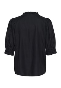 Blouse noire avec un col plissé et des manches bouffantes. Fabriquée en tissu lisse, avec des poignets élastiques et une silhouette décontractée.