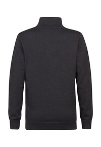 Dunkelgrauer Pullover mit hohem Kragen, gerippten Bündchen und Saum. Aus glattem Strickmaterial, einfarbig ohne Muster.