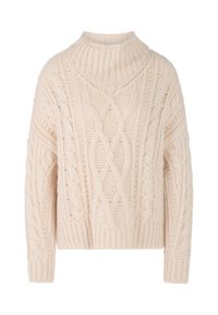 Cremefarbener, kabelgestrickter Pullover mit hohem Kragen, überschnittenen Schultern und geripptem Saum. Verfügt über verschiedene strukturierte Muster im gesamten Pullover.