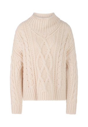 Cremefarbener, kabelgestrickter Pullover mit hohem Kragen, überschnittenen Schultern und geripptem Saum. Verfügt über verschiedene strukturierte Muster im gesamten Pullover.