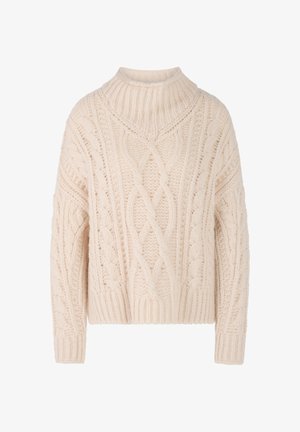 Cremefarbener, kabelgestrickter Pullover mit hohem Kragen, überschnittenen Schultern und geripptem Saum. Verfügt über verschiedene strukturierte Muster im gesamten Pullover.