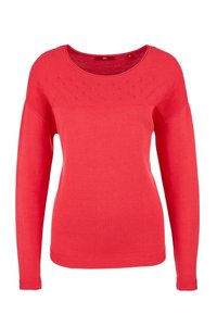Pull rouge à manches longues avec un motif texturé aux épaules et un large décolleté. Confectionné en tissu tricoté, il possède des poignets côtelés.