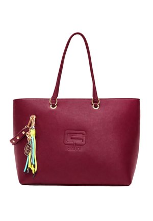 Borsa tote in pelle bordeaux con logo Gaudí in rilievo, doppi manici e portachiavi con nappina colorata attaccato a un lato.