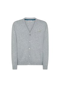 Cardigan grigio chiaro con scollatura a V, chiusura frontale a cinque bottoni, orlo e polsini a costine, con un piccolo logo ricamato sul lato sinistro del petto.
