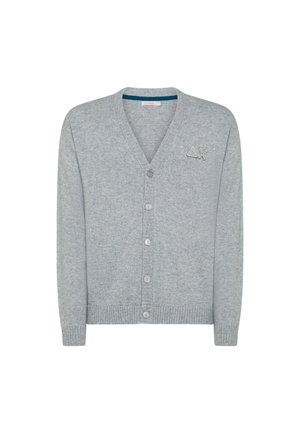 Cardigan grigio chiaro con scollatura a V, chiusura frontale a cinque bottoni, orlo e polsini a costine, con un piccolo logo ricamato sul lato sinistro del petto.