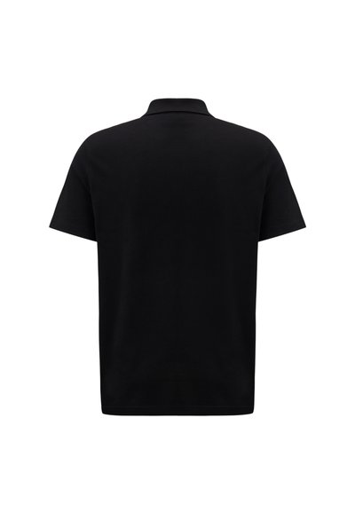 Black polo shirt made of smooth cotton, featuring a collar and short sleeves, with a classic straight cut and no visible details.