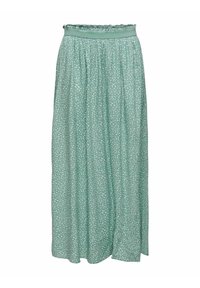 Lys grøn maxi-nederdel lavet af blødt stof, med en gathered talje og et blomstermotiv med små hvide blomster overalt.