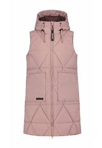Gilet sans manches en duvet rose avec une capuche, dot�é d'une fermeture éclair à l'avant, de deux grandes poches et d'un motif matelassé en losange.