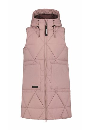 Gilet sans manches en duvet rose avec une capuche, doté d'une fermeture éclair à l'avant, de deux grandes poches et d'un motif matelassé en losange.