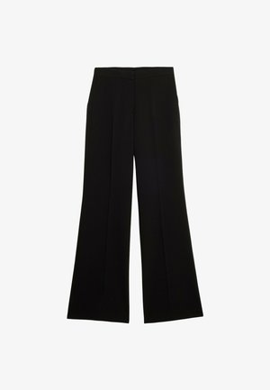 Schwarze weite Hosen mit einer glatten Textur, flachem Vorderteil und ohne sichtbare Verschlüsse. Das Design zeichnet sich durch eine schlichte, klare Silhouette aus.