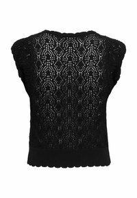 Haut en tricot noir avec un design en dentelle, un ourlet festonné et des manches courtes avec une finition texturée. La vue arrière met en valeur des motifs complexes.