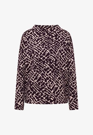 T-shirt à manches longues en violet foncé avec un motif abstrait beige. Tissu doux, coupe décontractée, col montant et ourlet droit.
