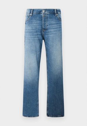Light blue denim jeans with a straight leg design, featuring a gradual fade, five pockets, and a front button closure.