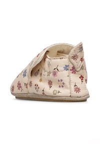 Scarpa per bimbi morbida con pelle beige e stampa floreale multicolore, vista da dietro e di lato su sfondo bianco.
