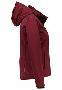 Damernes maroon softshell-jakke med hætte, fuld lynlås, sidelommer og tætsiddende ærmer vist fra siden.