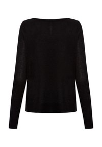 Black knitted sweater with long sleeves, a wide neckline, and a textured finish. Simple design with a relaxed fit and ribbed hem.