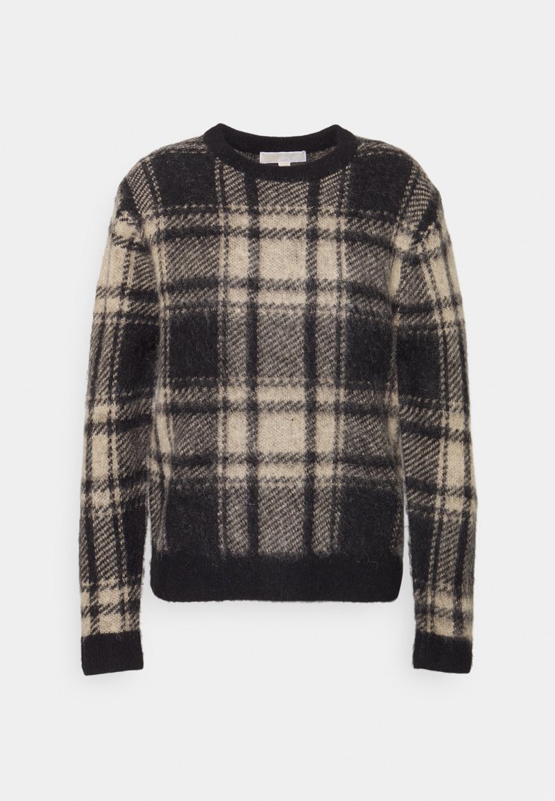 Pull en maille duveteuse noir et beige avec un grand motif à carreaux et des manches longues, présenté sur fond blanc.