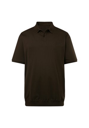 Ciemnobrązowa krótka koszulka polo z dwoma guzikami i subtelnym napisem „Skully Valley” na lewej piersi.