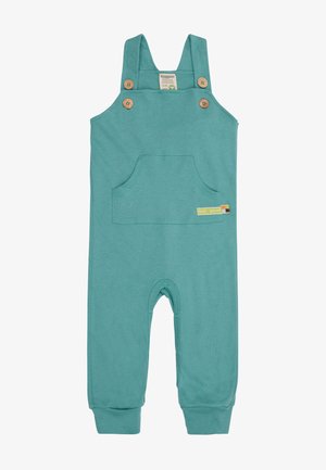 Türkise Baumwoll-Latzhose mit verstellbaren Trägern, Holzknöpfen, einer Fronttasche und Druckknöpfen an den Beinen für ein einfaches Ankleiden.