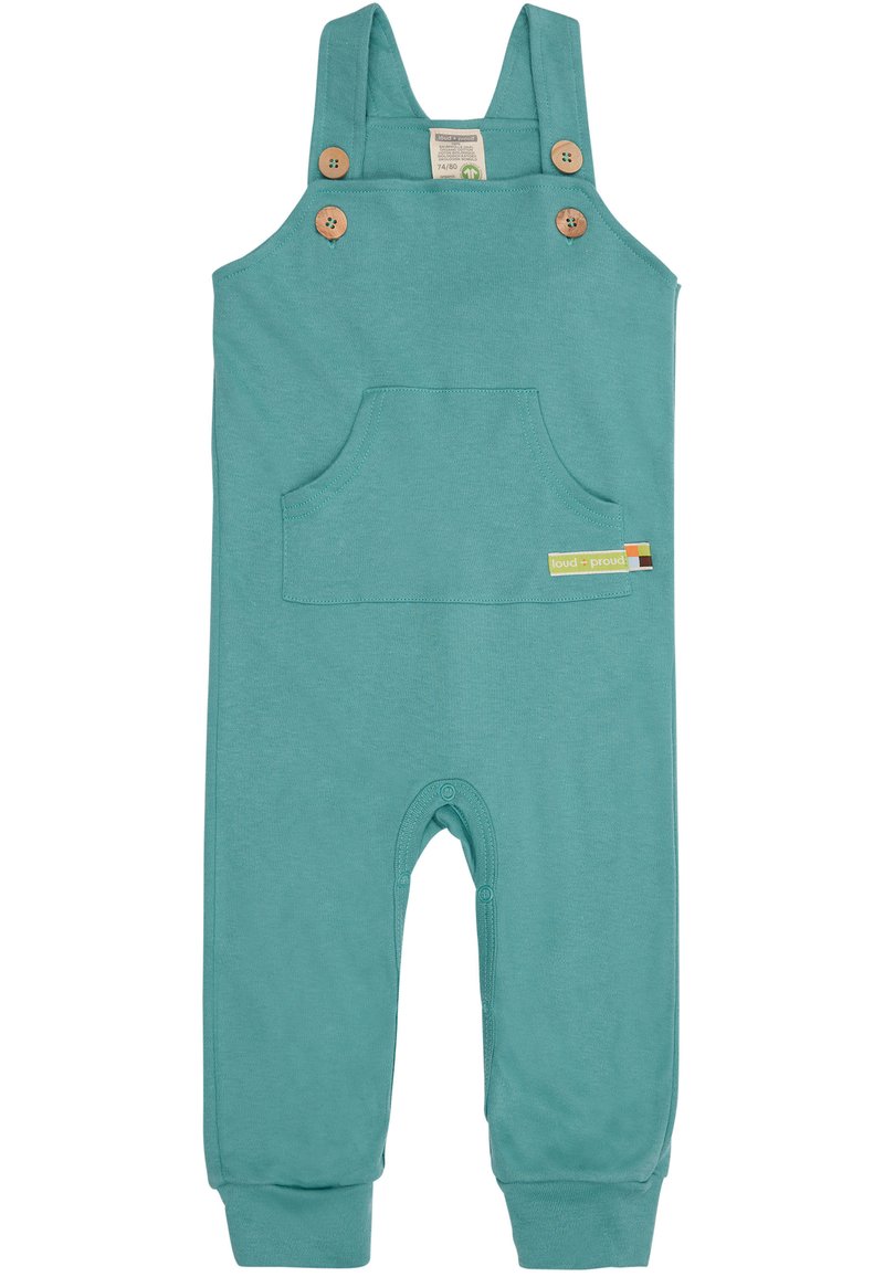 Pettorina in cotone teal con spalline regolabili, bottoni in legno, una tasca frontale e chiusure a scatto sulle gambe per un facile utilizzo.
