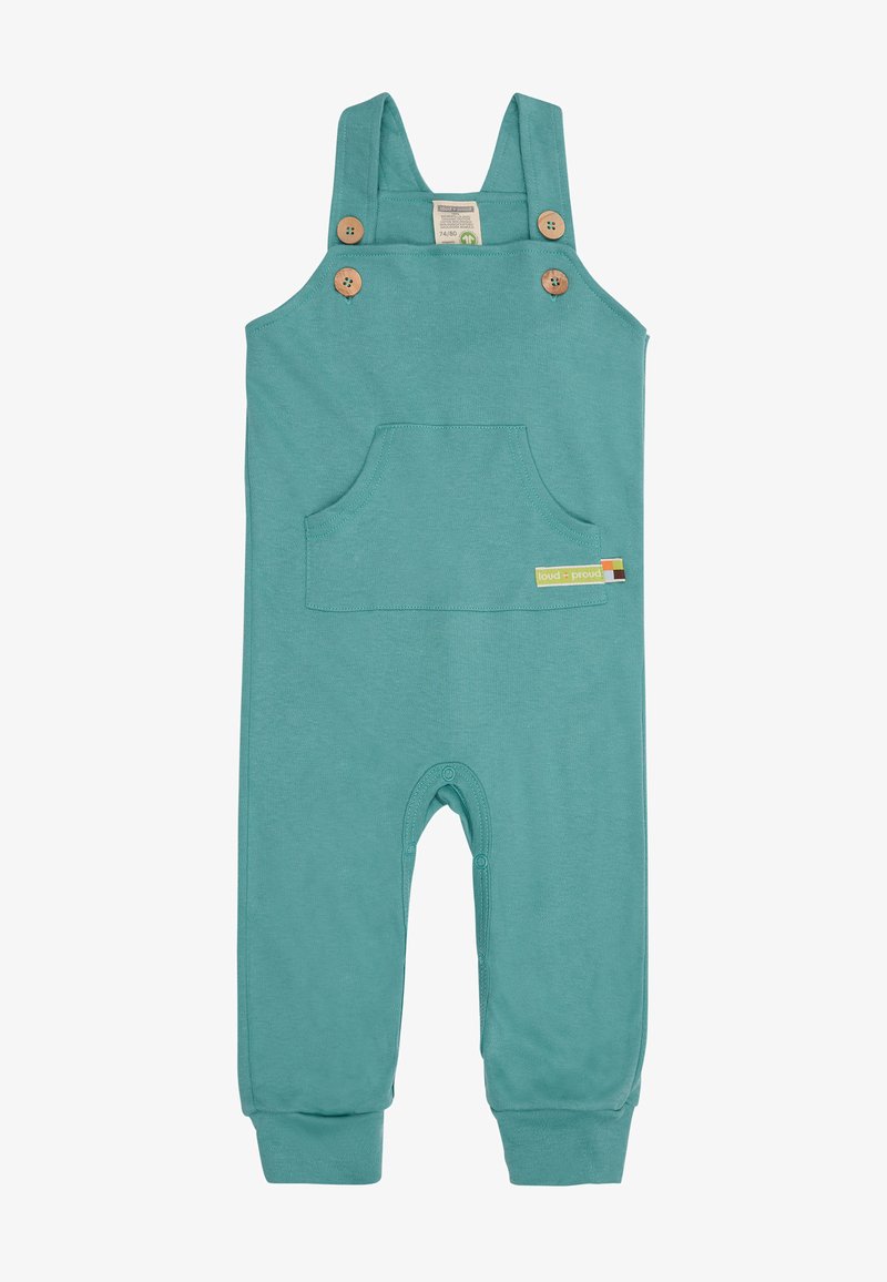 Türkise Baumwoll-Latzhose mit verstellbaren Trägern, Holzknöpfen, einer Fronttasche und Druckknöpfen an den Beinen für ein einfaches Ankleiden.