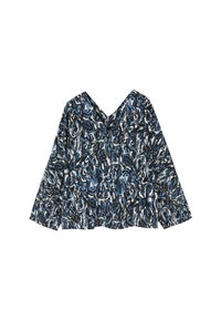 Langärmlige Bluse mit tiefem V-Ausschnitt, aus einem weichen Stoff mit einem abstrakten Muster in Blau, Schwarz und Weiß.