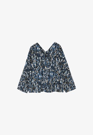 Hosszú ujjú blúz, mély V-kivágással, puha anyagból készült, kék, fekete és fehér absztrakt mintázattal.