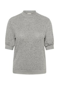 Siva majica s kratkim rukavima u teksturiranoj pletenini s visokom ovratnikom i napuhanim rukavima. Ima rebrasti rub i manžete za dodatnu strukturu.